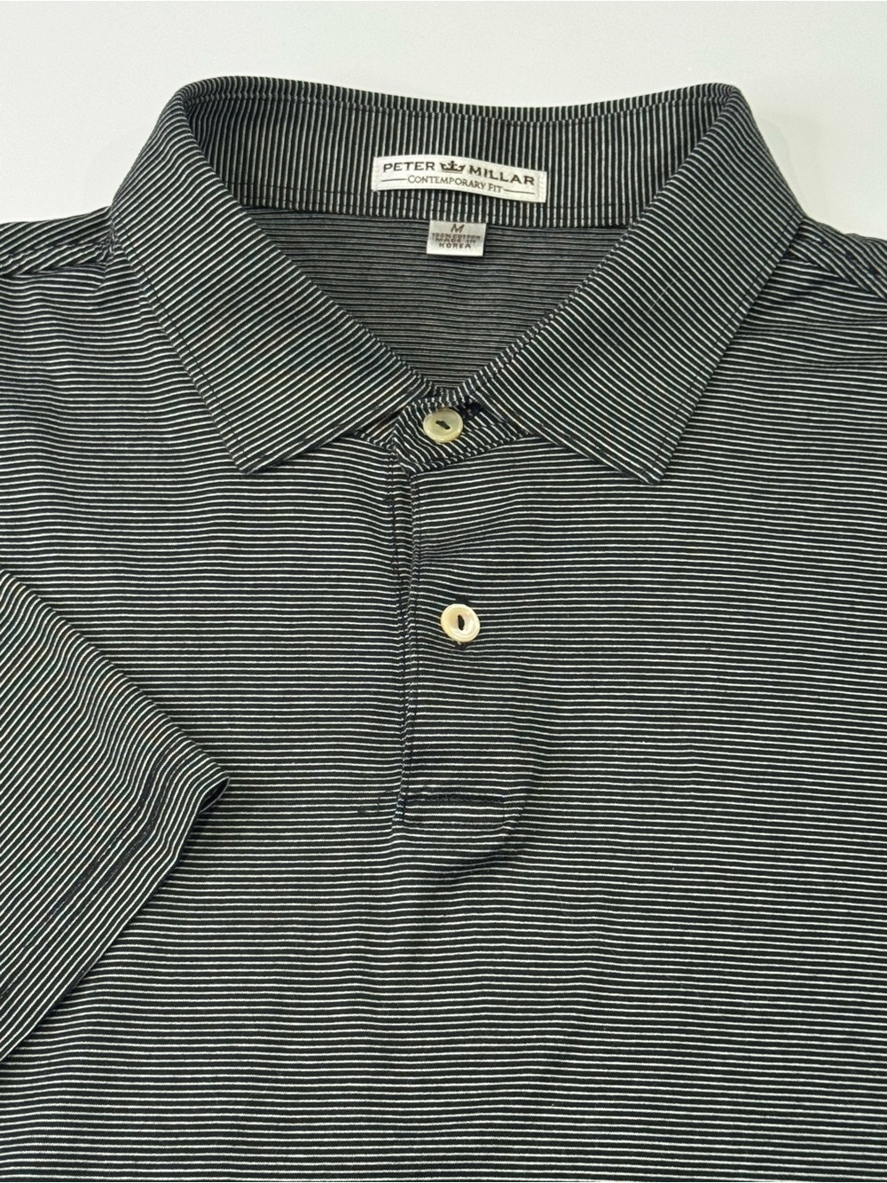 Peter Millar Contemporary Fit Men's Medium Black White Striped Polo Preppy Golf
